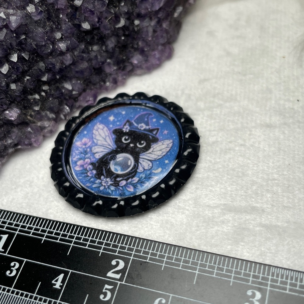 2/$18 Black Cat Fairy Bottle Cap Pin Or Broach with Blue Background - Picture 3 of 5